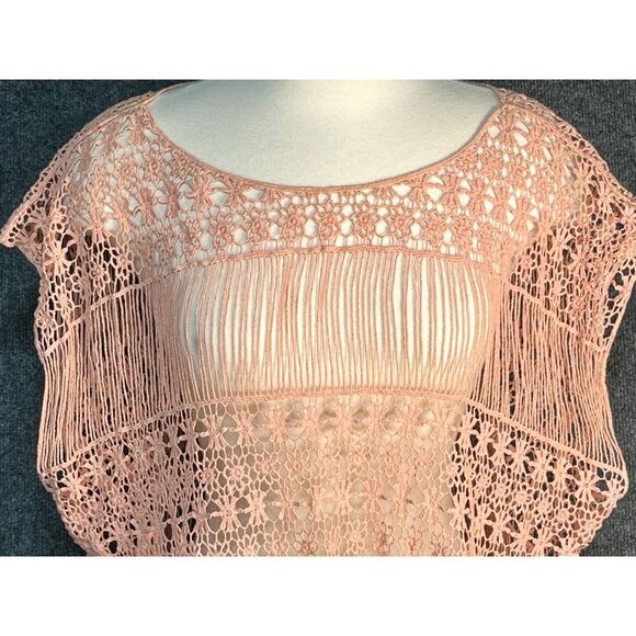 Living Doll LA Crochet Beach Cover Up Fringe Hem Oversized Pink Women Size XS/S - Picture 2 of 13